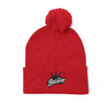 The Believer Embroidered Pom-Pom Knit Cap — 'I'm Queen' Crown Beanie