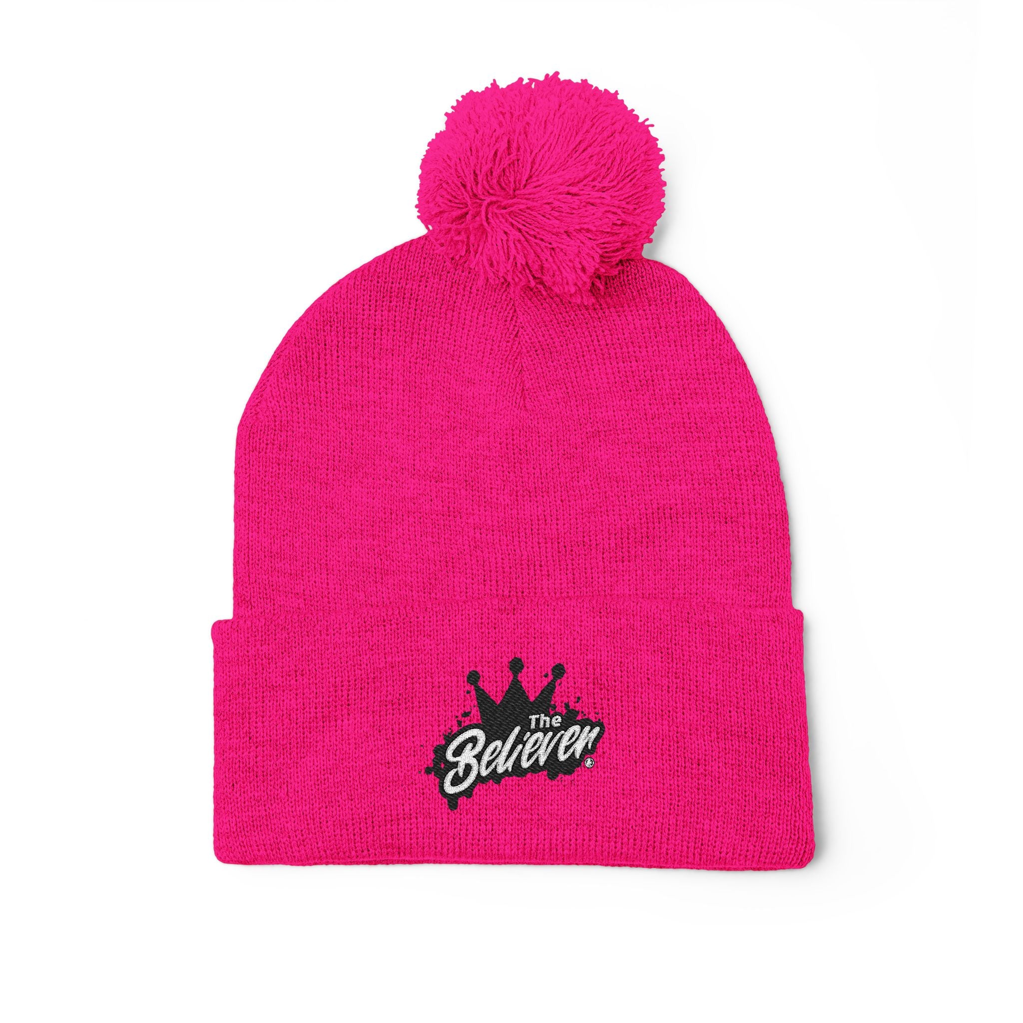 The Believer Embroidered Pom-Pom Knit Cap — 'I'm Queen' Crown Beanie
