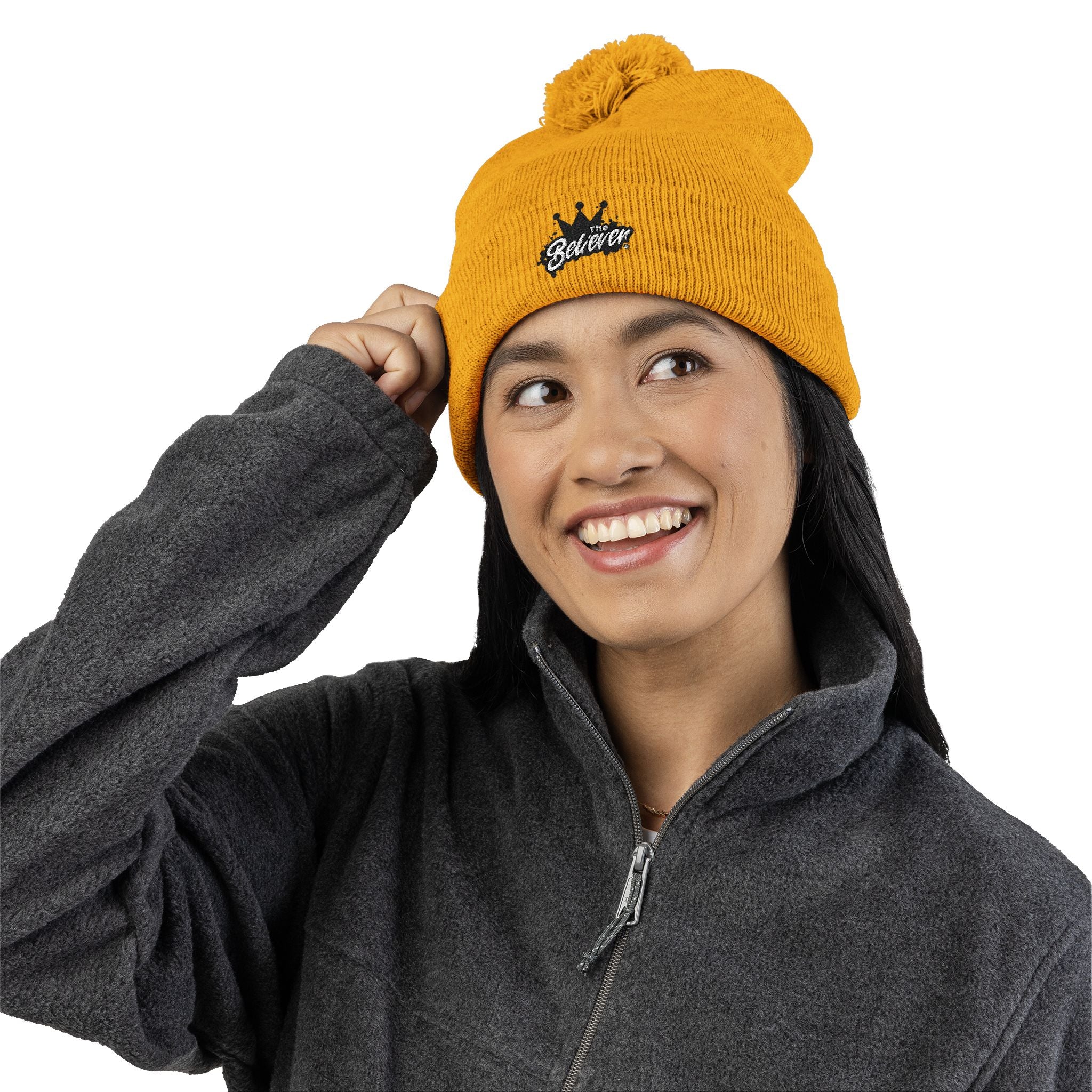 The Believer Embroidered Pom-Pom Knit Cap — 'I'm Queen' Crown Beanie