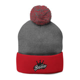 The Believer Embroidered Pom-Pom Knit Cap — 'I'm Queen' Crown Beanie