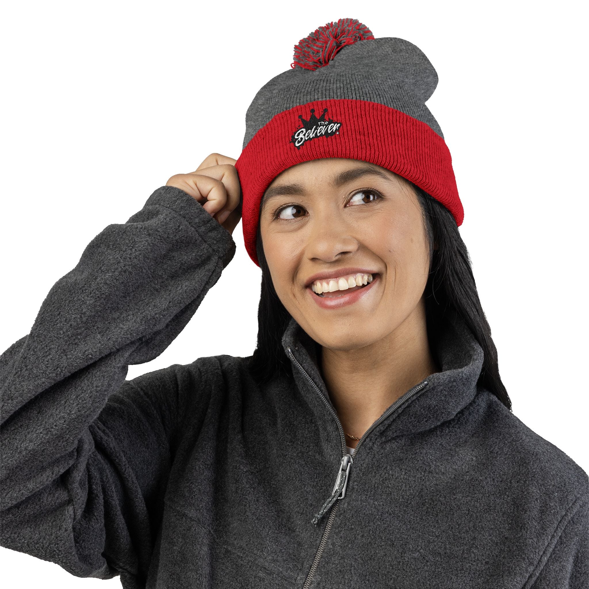 The Believer Embroidered Pom-Pom Knit Cap — 'I'm Queen' Crown Beanie