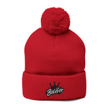 The Believer Embroidered Pom-Pom Knit Cap — 'I'm Queen' Crown Beanie