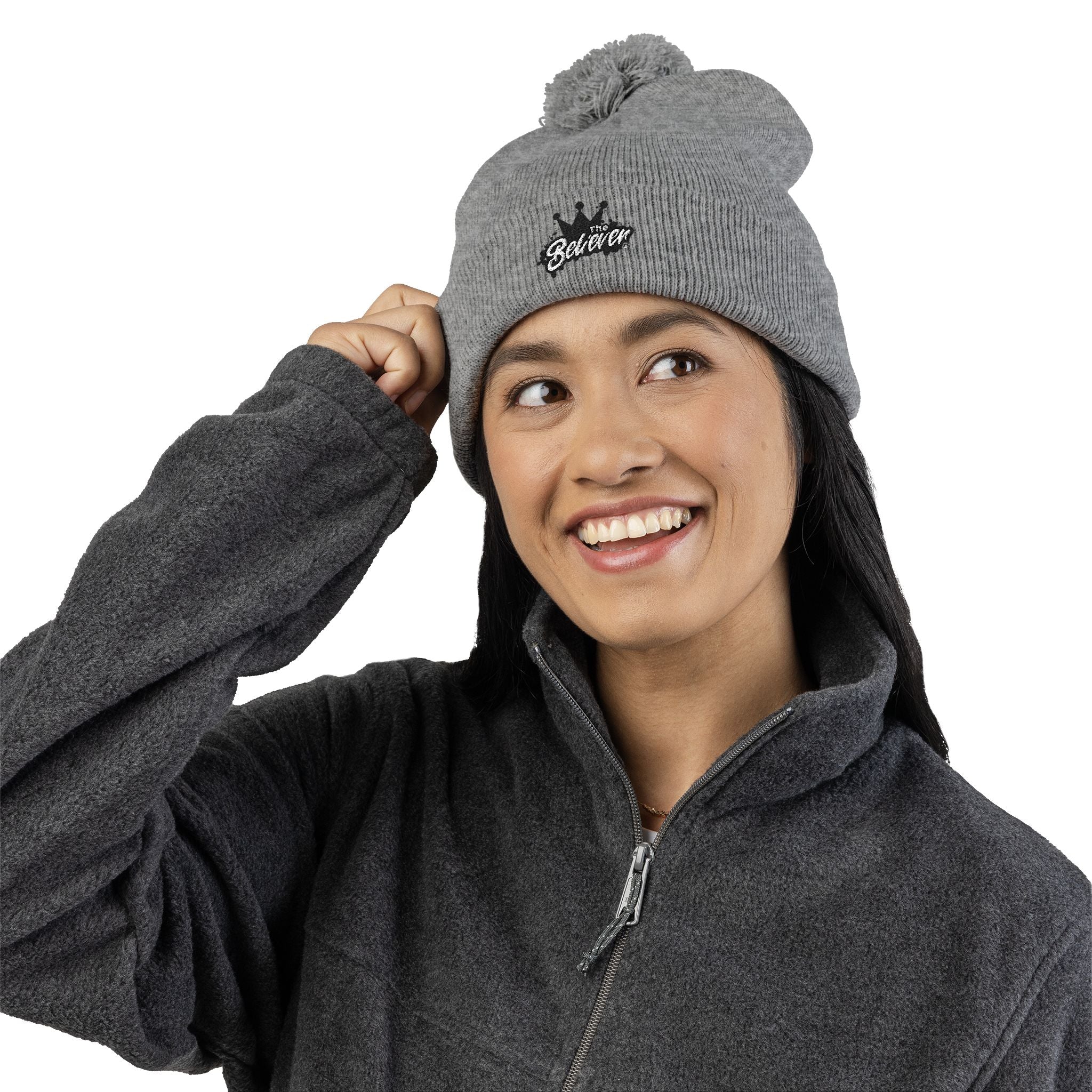 The Believer Embroidered Pom-Pom Knit Cap — 'I'm Queen' Crown Beanie