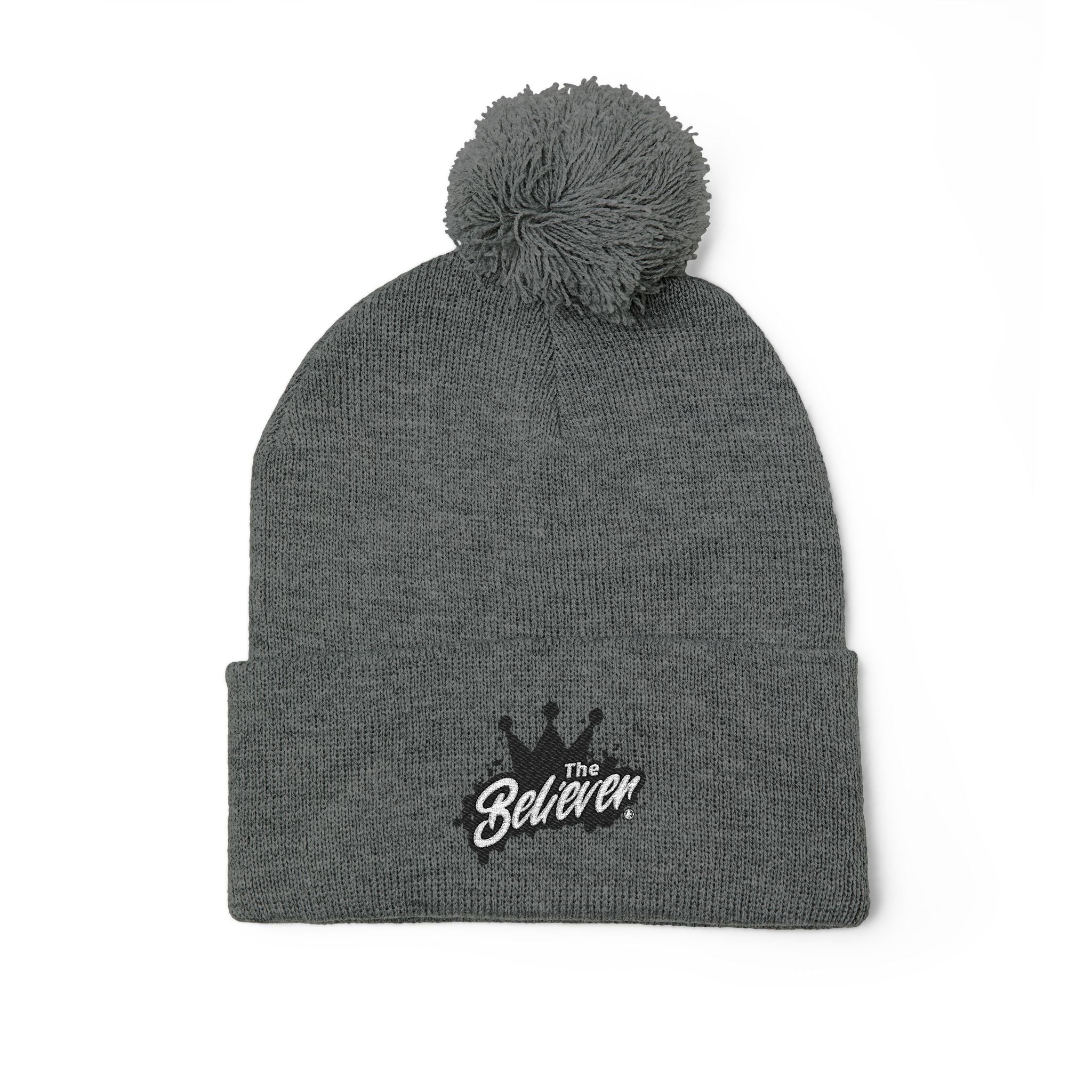 The Believer Embroidered Pom-Pom Knit Cap — 'I'm Queen' Crown Beanie