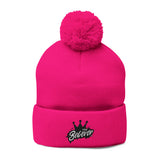 The Believer Embroidered Pom-Pom Knit Cap — 'I'm Queen' Crown Beanie