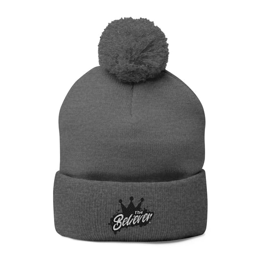 The Believer Embroidered Pom-Pom Knit Cap — 'I'm Queen' Crown Beanie